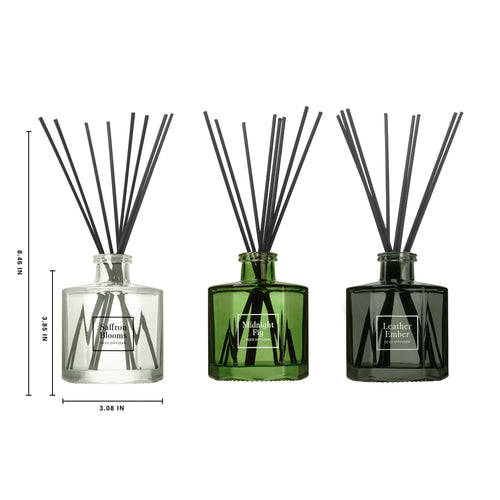 Bellevue Reed Diffuser Set, Three 6 fl oz Glass Filled Diffuser, Highly Concentrated Fragrances with Essential Oils, Home Fragrance (Leather Ember, Midnight Fig, Saffron Blooms)